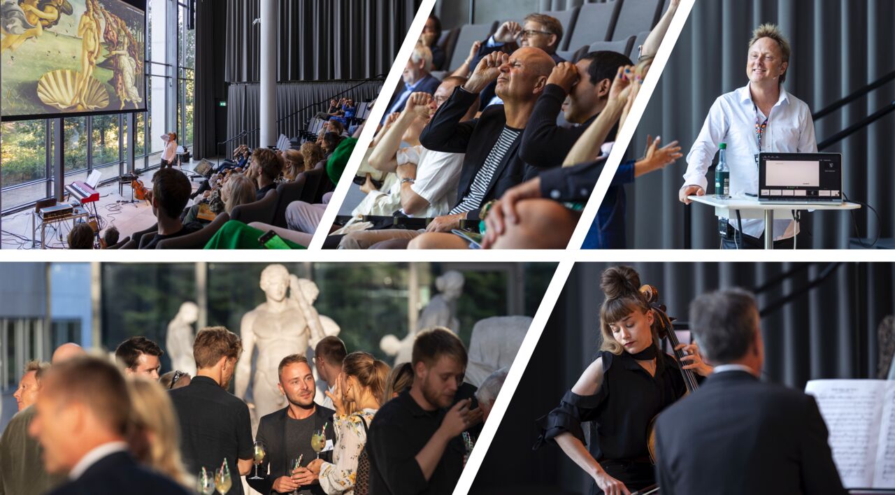 Seminar with audience, speaker and live music